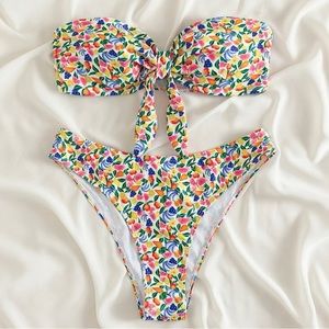SHEIN Ditsy Floral Tie Front Tube Top Hipster Bikini